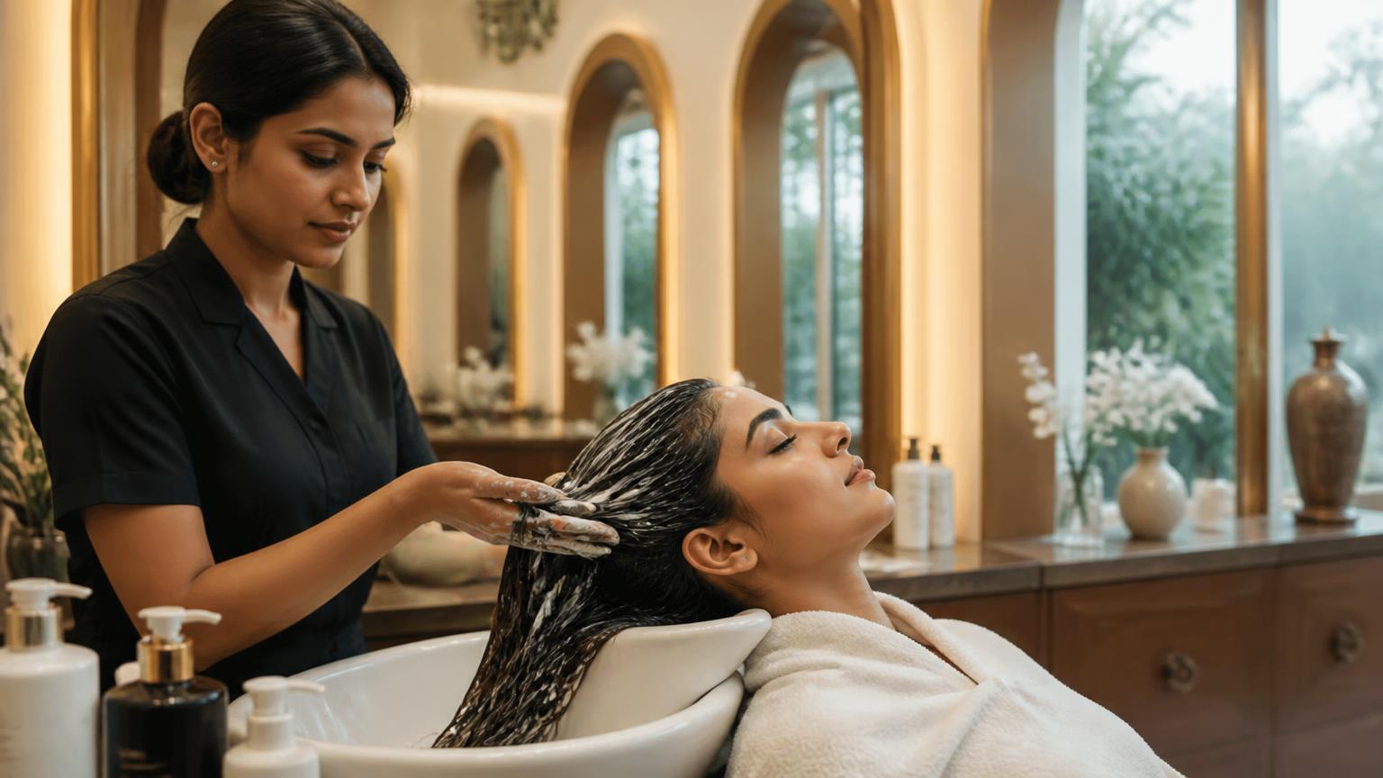Stylist applying a nourishing hair spa mask at a salon wash station in Kolkata